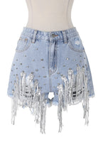 Women's Rhinestone Fringe Distressed Denim Shorts
