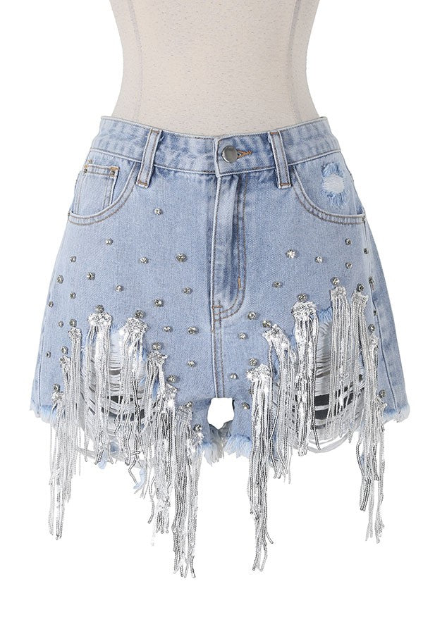 Women's Rhinestone Fringe Distressed Denim Shorts