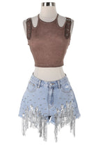 Women's Rhinestone Fringe Distressed Denim Shorts - photo 4