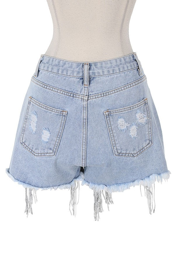 Women's Rhinestone Fringe Distressed Denim Shorts - photo 3