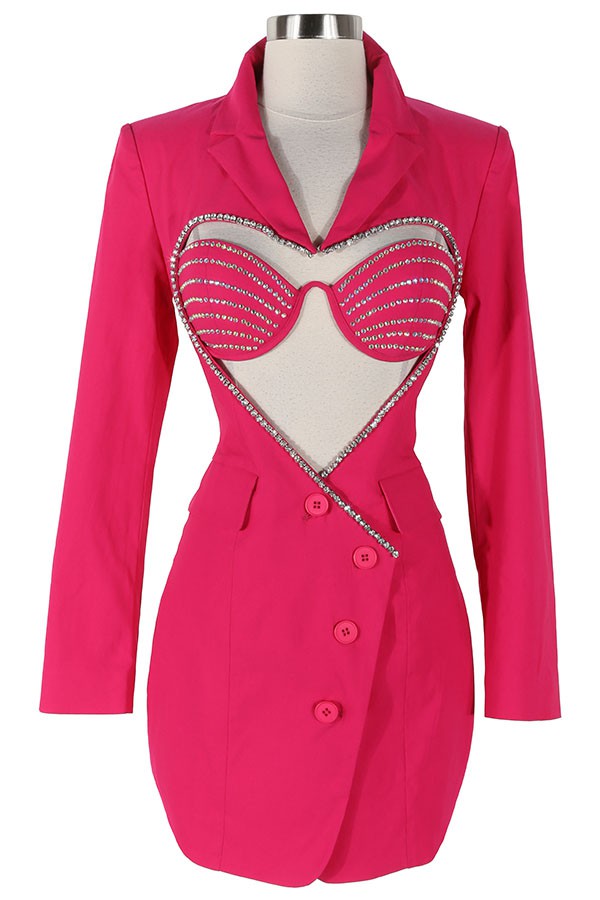 Women's Blazer Mini Dress & Rhinestone Bra Top Set