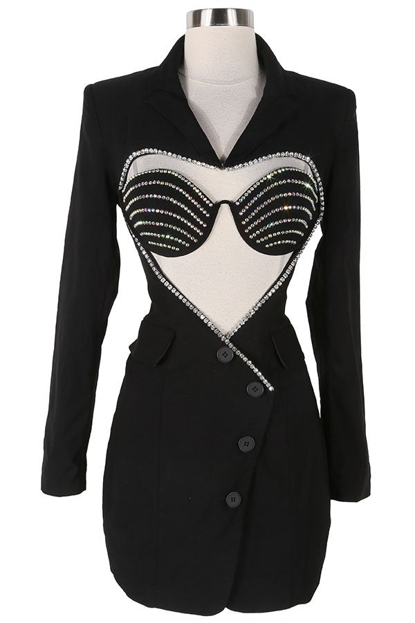 Women's Blazer Mini Dress & Rhinestone Bra Top Set