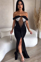 Women's black satin off-shoulder thigh slit maxi dress
