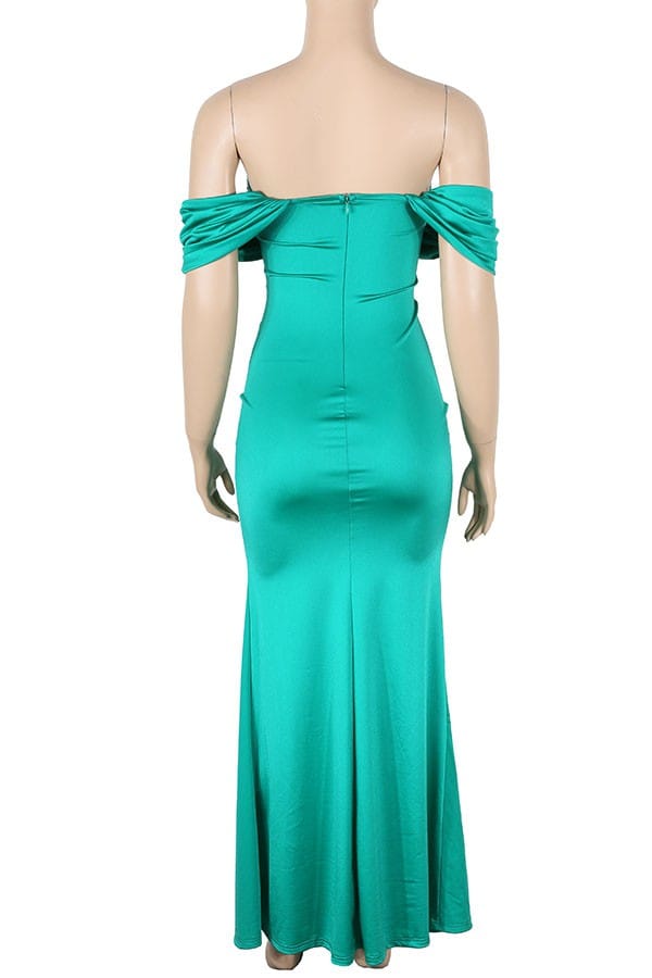 Women's green satin off-shoulder thigh slit maxi dress - photo 3
