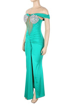 Women's green satin off-shoulder thigh slit maxi dress - photo 2