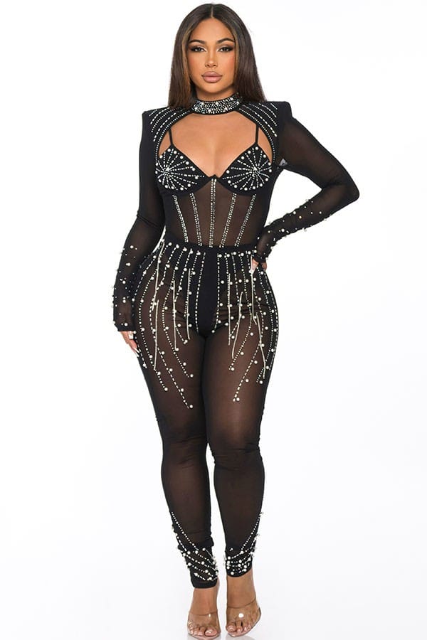 Women's Beaded Sheer Mesh Cutout Jumpsuit - photo 3