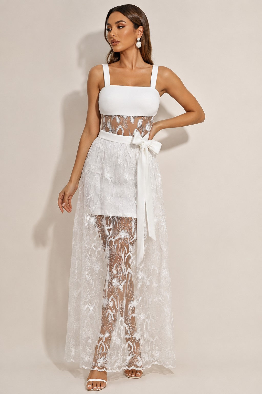 Women's white square neck bandage dress with sheer lace maxi overlay