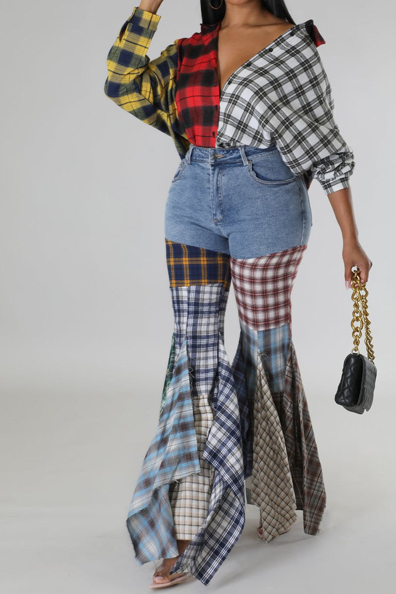Women's printed denim flare pants on model