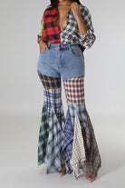Printed denim flare pants front