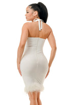Women's white crisscross halter keyhole feather-hem bandage mini dress - side