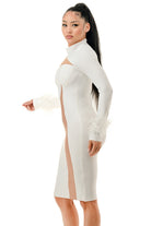 Women's white long sleeve sheer illusion cut-out bandage midi dress - side