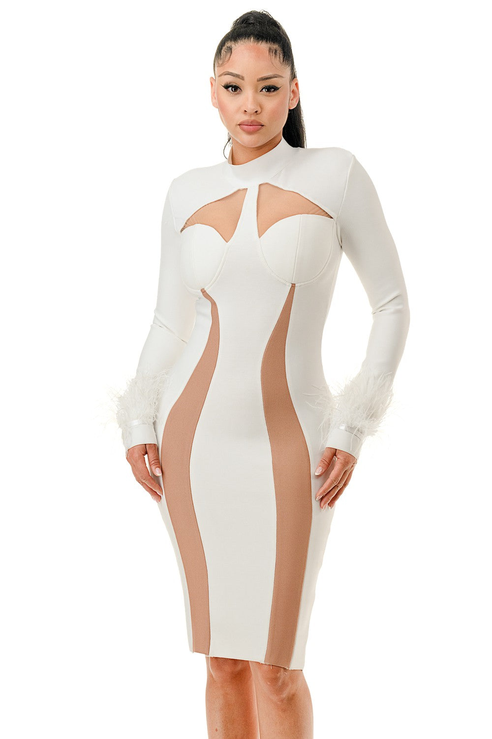 Women's white long sleeve sheer illusion cut-out bandage midi dress - photo 2