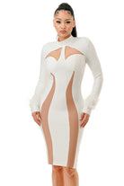 Women's white long sleeve sheer illusion cut-out bandage midi dress - photo 2