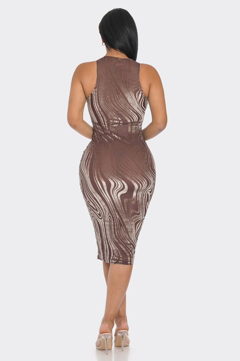 Women's Mocha Midnight Marble Velvet Flocking Mesh Midi Dress – back view