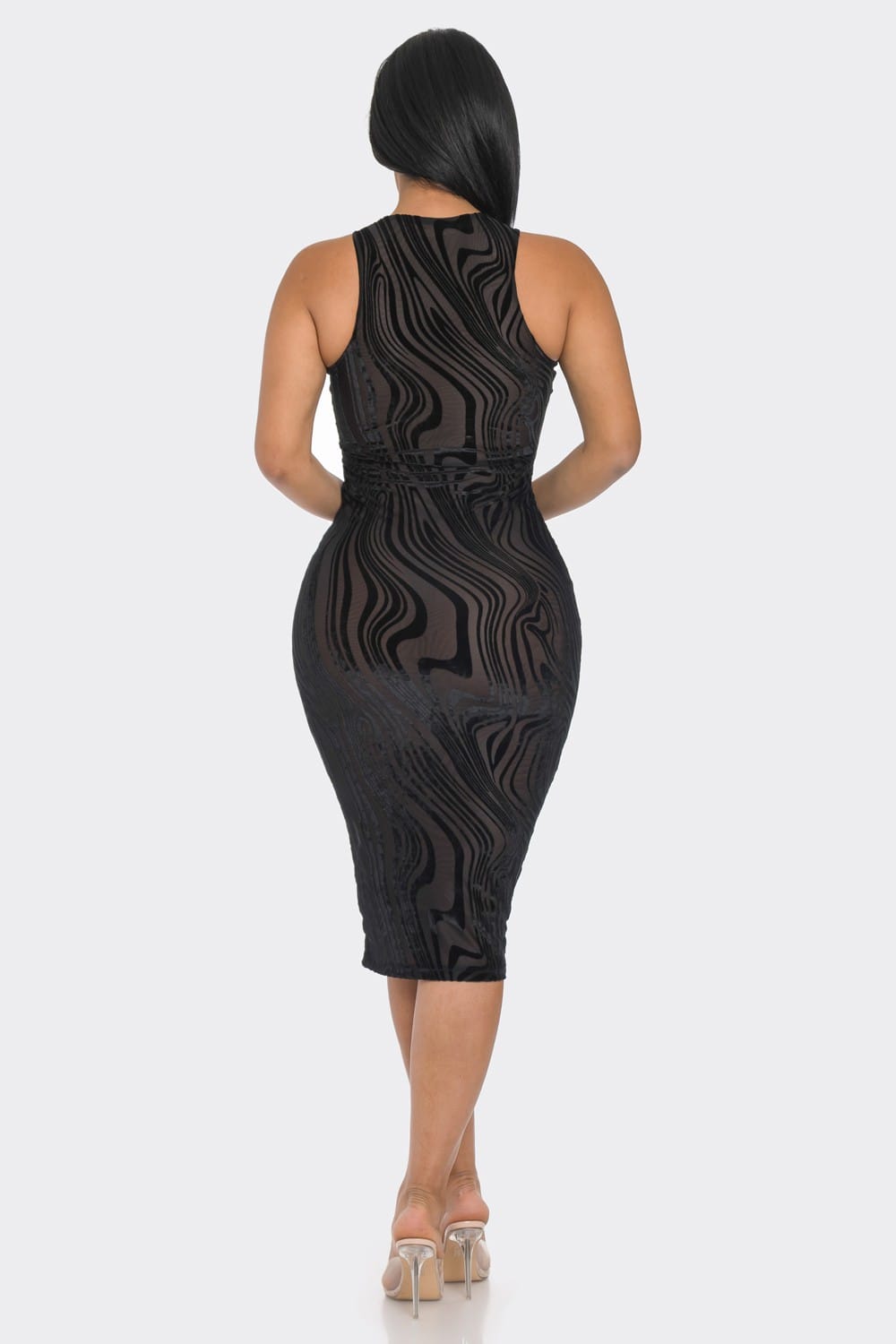 Women's Mocha Midnight Marble Velvet Flocking Mesh Midi Dress – full-length view
