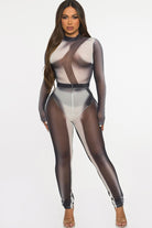 Women's Sheer Mesh Colorblock Long Sleeve Jumpsuit