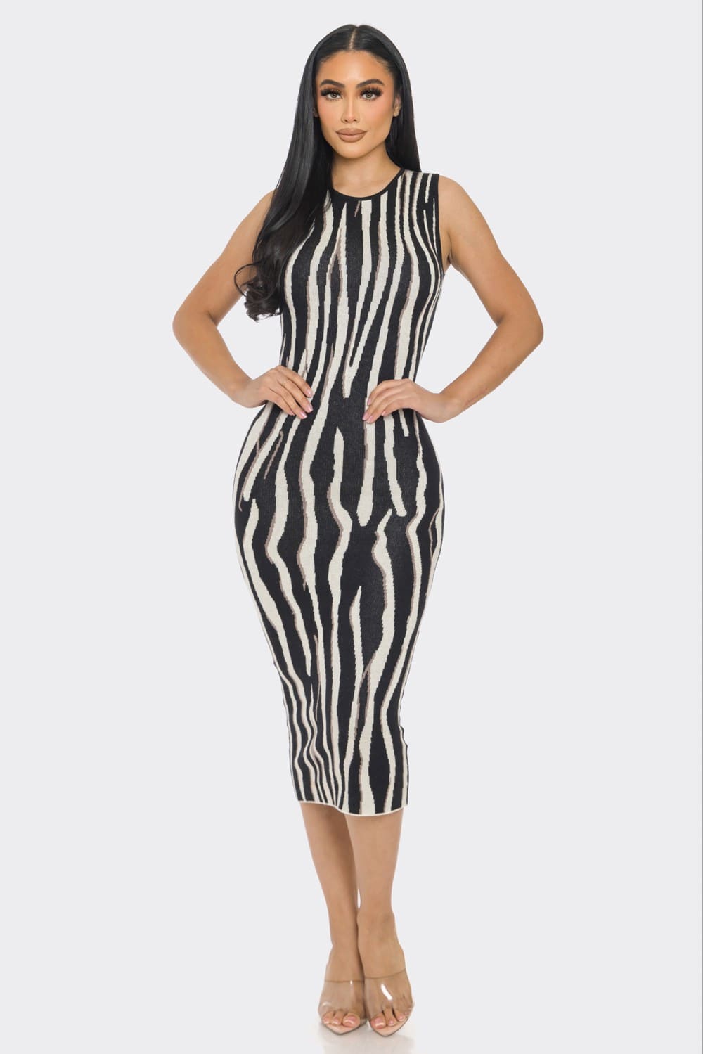 Women's Cozy Print Knit Fitted Midi Dress – back view