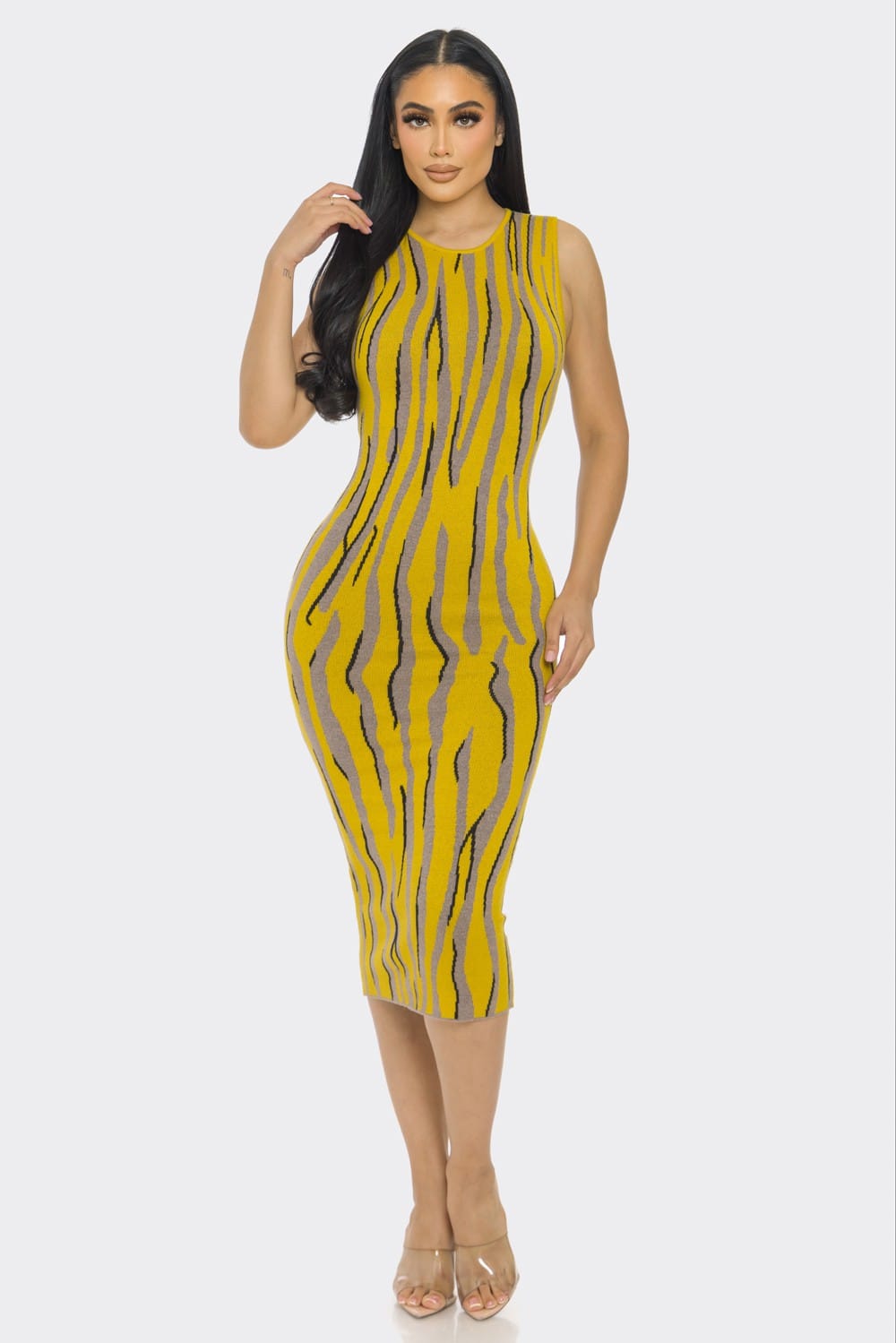 Women's Cozy Print Knit Fitted Midi Dress – front view