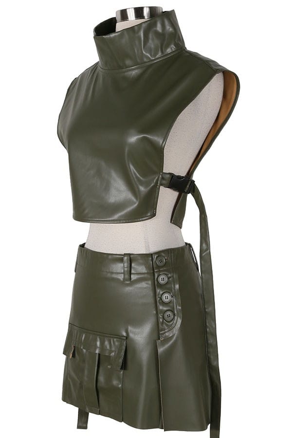 Women's Faux Leather Mock Neck Crop Top & Cargo Mini Skirt Set - photo 2