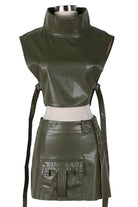 Women's Faux Leather Mock Neck Crop Top & Cargo Mini Skirt Set