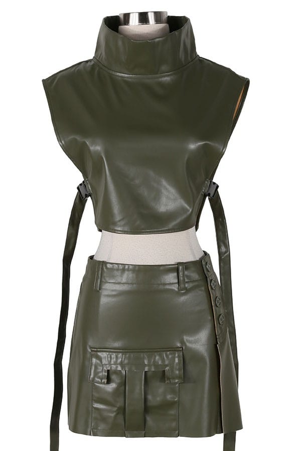 Women's Faux Leather Mock Neck Crop Top & Cargo Mini Skirt Set