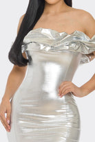 Women's Silver Siren Metallic Foil Off Shoulder Mini Dress – detail view