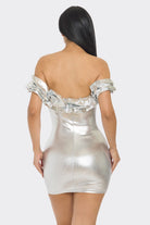 Women's Silver Siren Metallic Foil Off Shoulder Mini Dress – full-length view