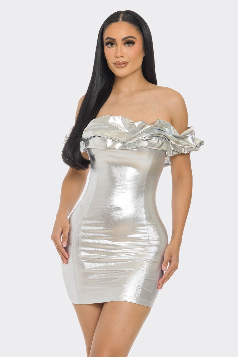 Women's Silver Siren Metallic Foil Off Shoulder Mini Dress – back view