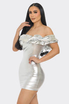 Women's Silver Siren Metallic Foil Off Shoulder Mini Dress – side view