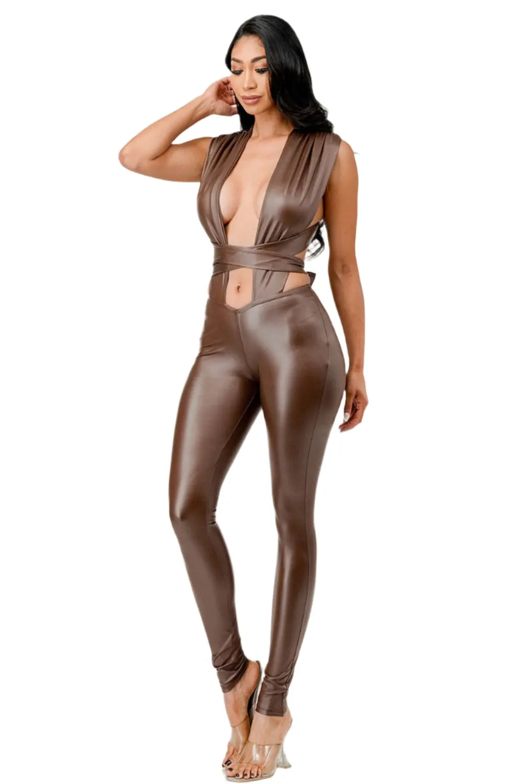 PU leather cutout skinny jumpsuit - Epicplacess