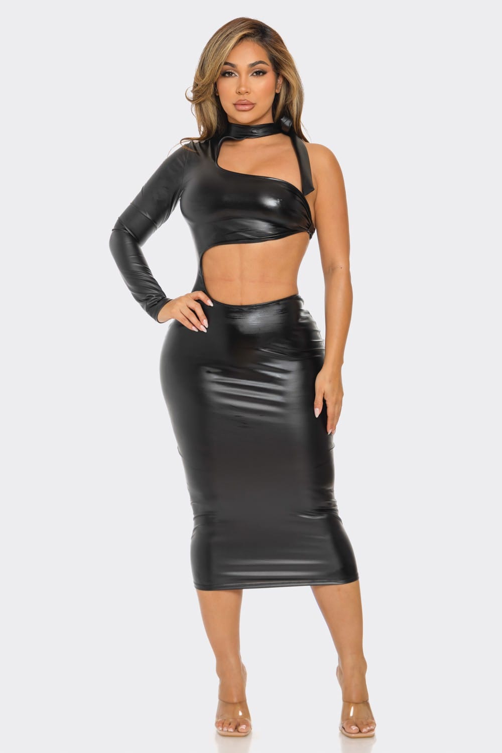 Women's Noir Edge Tie Neck Cutout Pu Midi Dress – full-length view