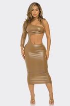 Women's Noir Edge Tie Neck Cutout Pu Midi Dress – front view