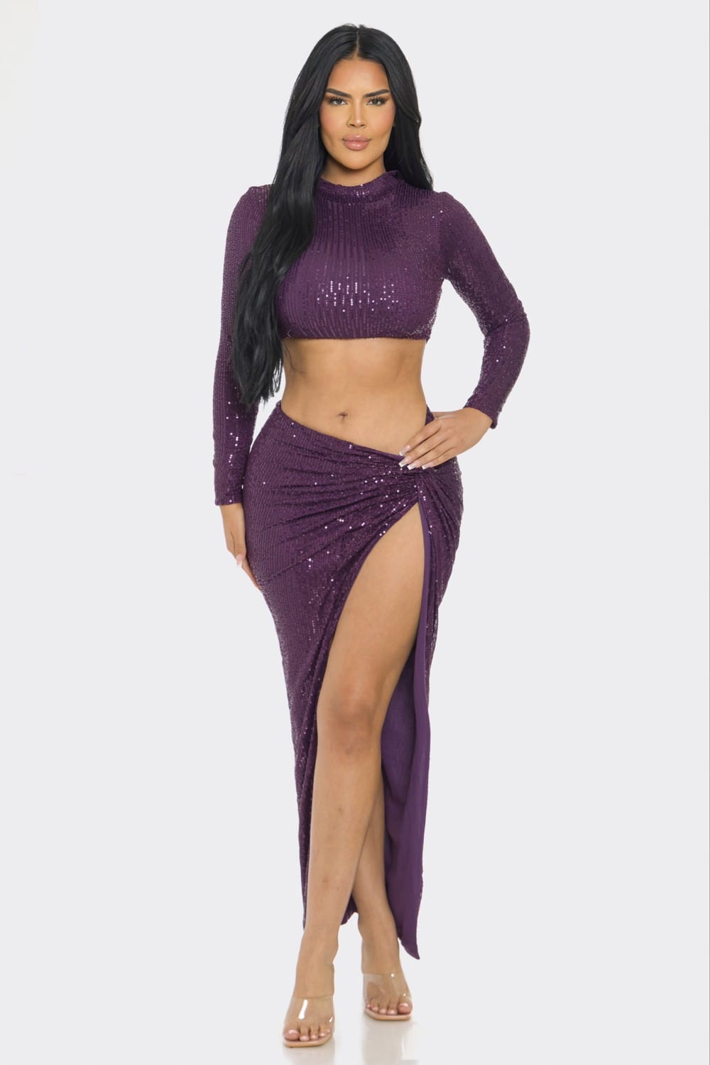 Women's Purple Sequence Top and Skirt Set – front view