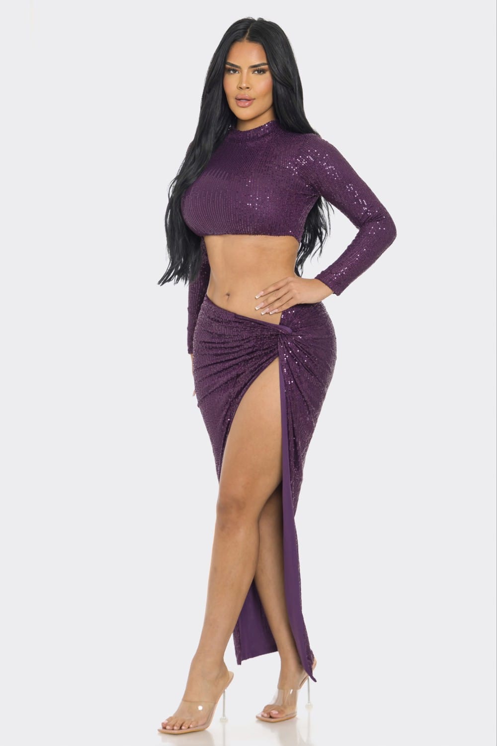 Women's Purple Sequence Top and Skirt Set – side view