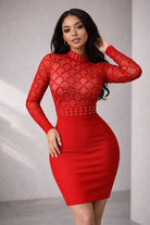 Women's red embellished lattice mock neck long sleeve bandage mini dress