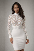 Women's white embellished lattice mock neck long sleeve bandage mini dress