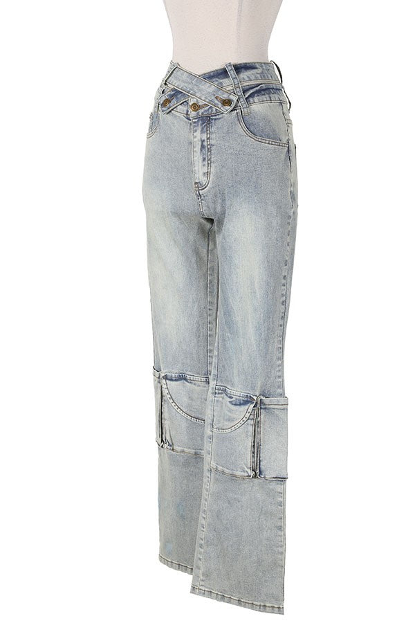 Women's light wash high-waist cargo pocket bell-bottom jeans - photo 3