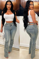 Women's light wash high-waist cargo pocket bell-bottom jeans
