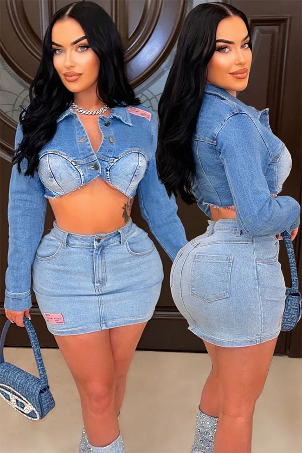 Women's Denim Crop Jacket & Mini Skirt Set