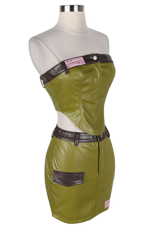 Women's Faux Leather Strapless Top & Mini Skirt Set - photo 3