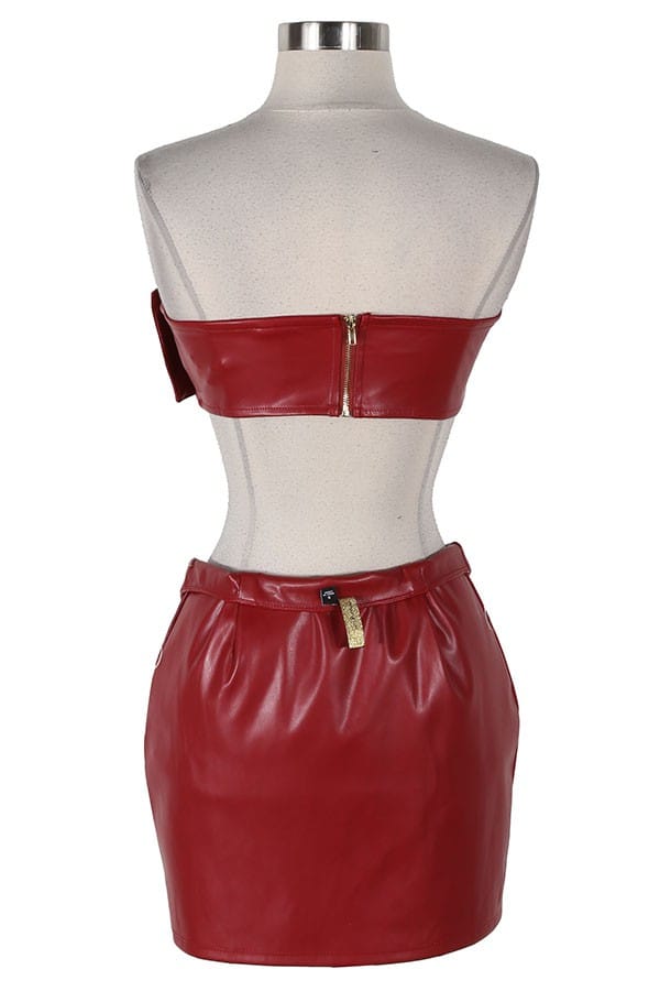 Women's Faux Leather Zip Front Bandeau Top & Mini Skirt Set - photo 3