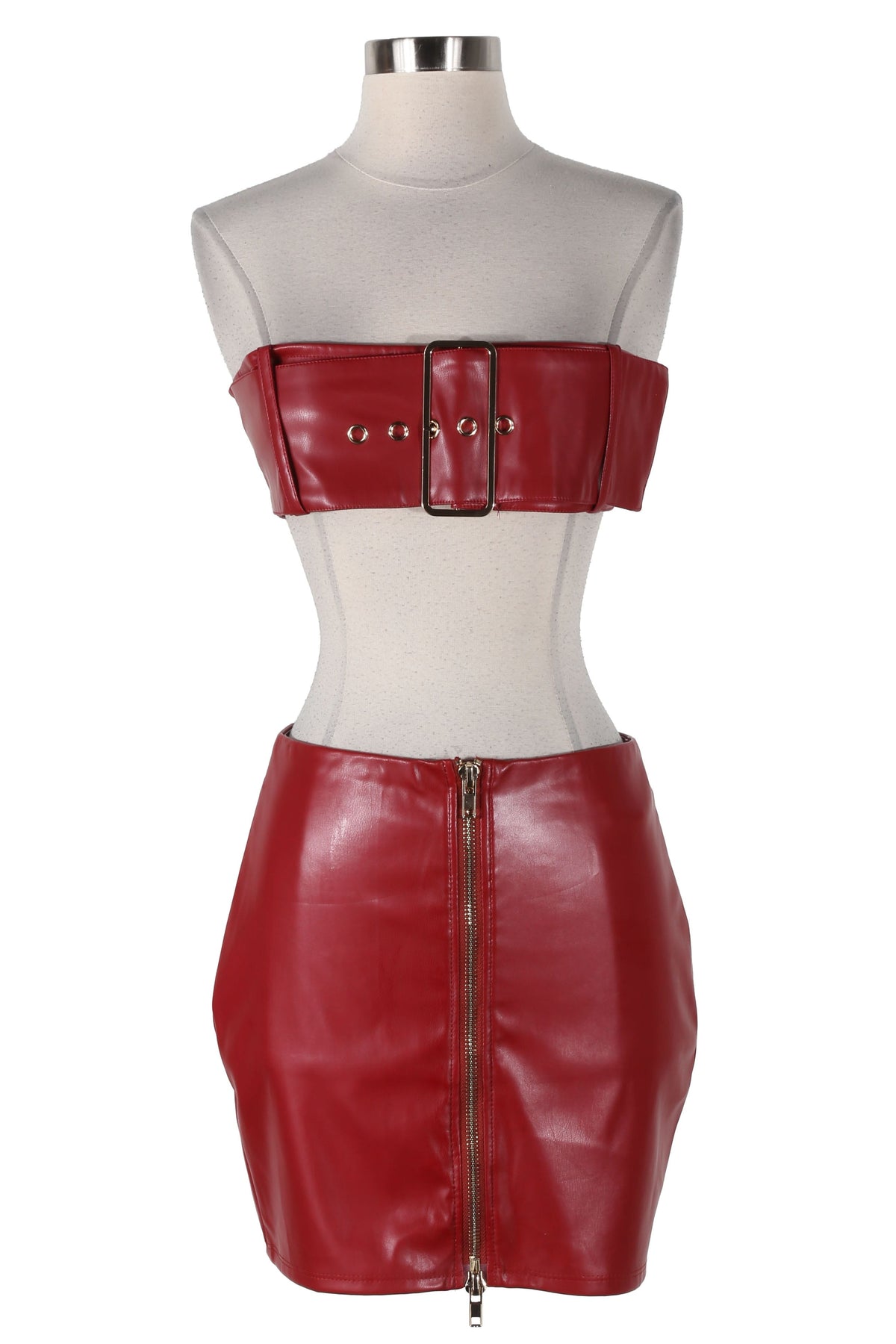 Women's Faux Leather Zip Front Bandeau Top & Mini Skirt Set