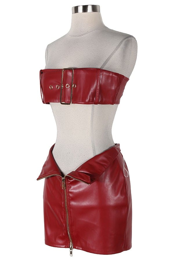 Women's Faux Leather Zip Front Bandeau Top & Mini Skirt Set - photo 2