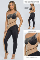 Women's Rhinestone Fringe One Shoulder Mesh Panel Jumpsuit - photo 2