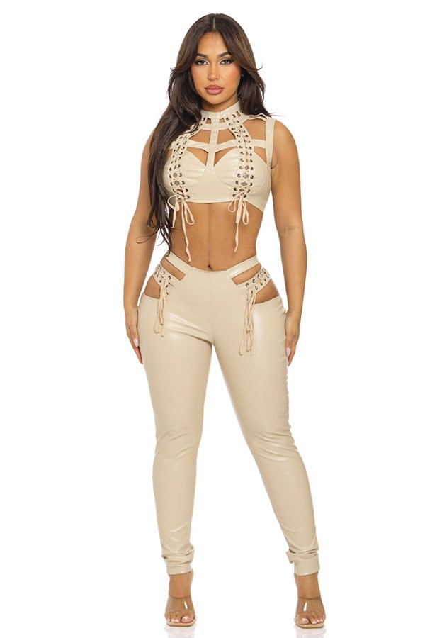 Women's Lace-Up Crop Top & Flare Pants Set - photo 2
