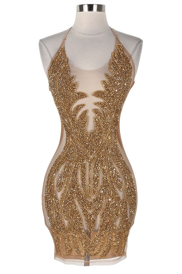 Women's gold sequin halter sheer mesh mini dress - photo 2