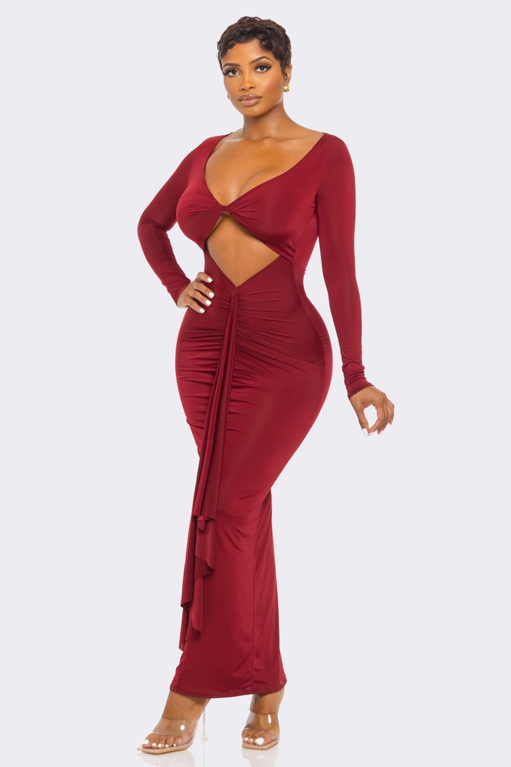 Women's Ruffle Front Long Sleeve Maxi Dress – back view