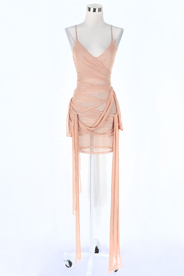 Women's Sheer Mesh Ruched Tie Side Fringe Mini Dress - photo 2