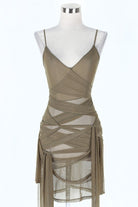Women's Sheer Mesh Ruched Tie Side Fringe Mini Dress - photo 2