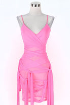 Women's Sheer Mesh Ruched Tie Side Fringe Mini Dress - photo 2